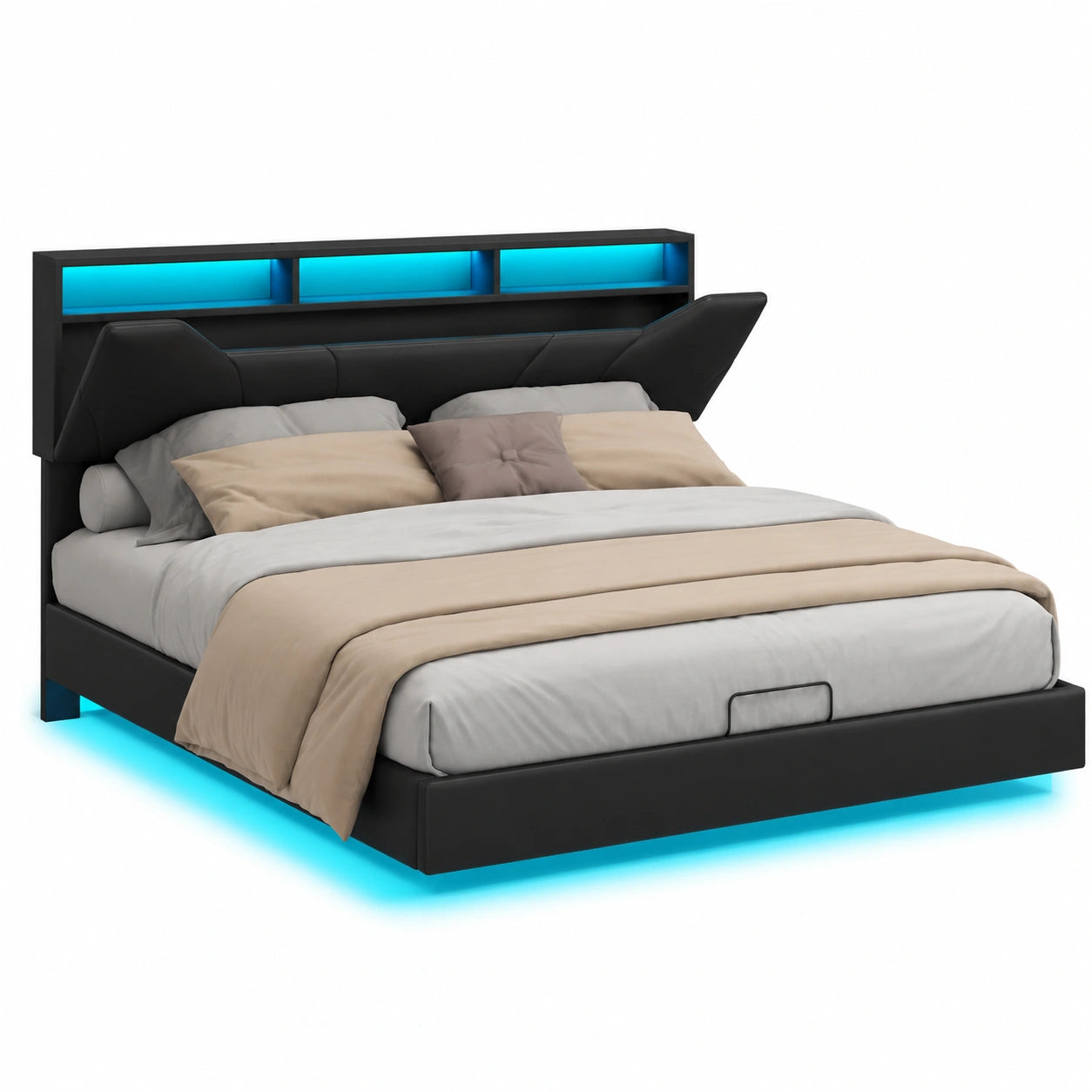 Polsterbett – 160 × 200 cm, gepolstert, mit Stauraum, mit LED-Beleuchtung, Schwarz
