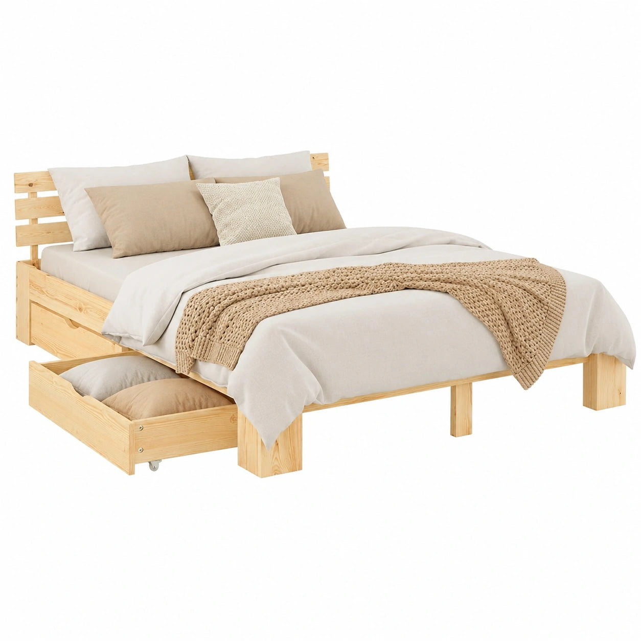 Holzbett – mit Schubladen, mit Bettkasten, mit Lattenrost, aus Kiefernholz und Holz, Naturfarben