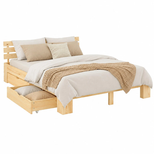 Holzbett – mit Schubladen, mit Bettkasten, mit Lattenrost, aus Kiefernholz und Holz, Naturfarben