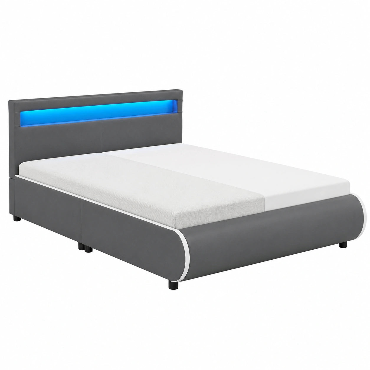 Polsterbett – 140 × 200 cm, gepolstert, mit LED-Beleuchtung, mit Lattenrost, aus Kunstleder und Holz, Grau