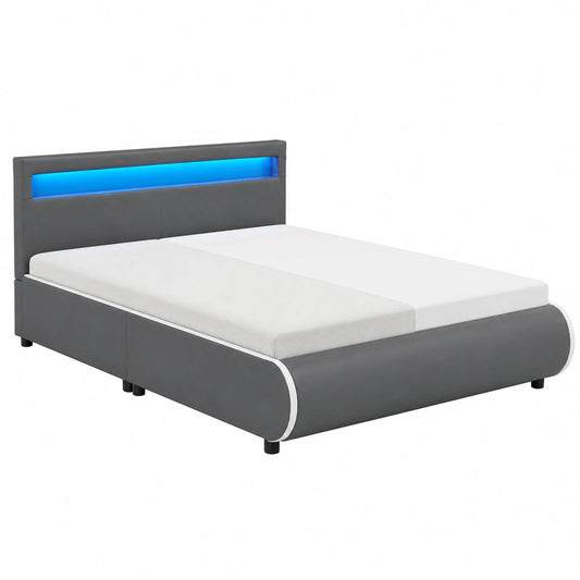 Polsterbett – 140 × 200 cm, gepolstert, mit LED-Beleuchtung, mit Lattenrost, aus Kunstleder und Holz, Grau