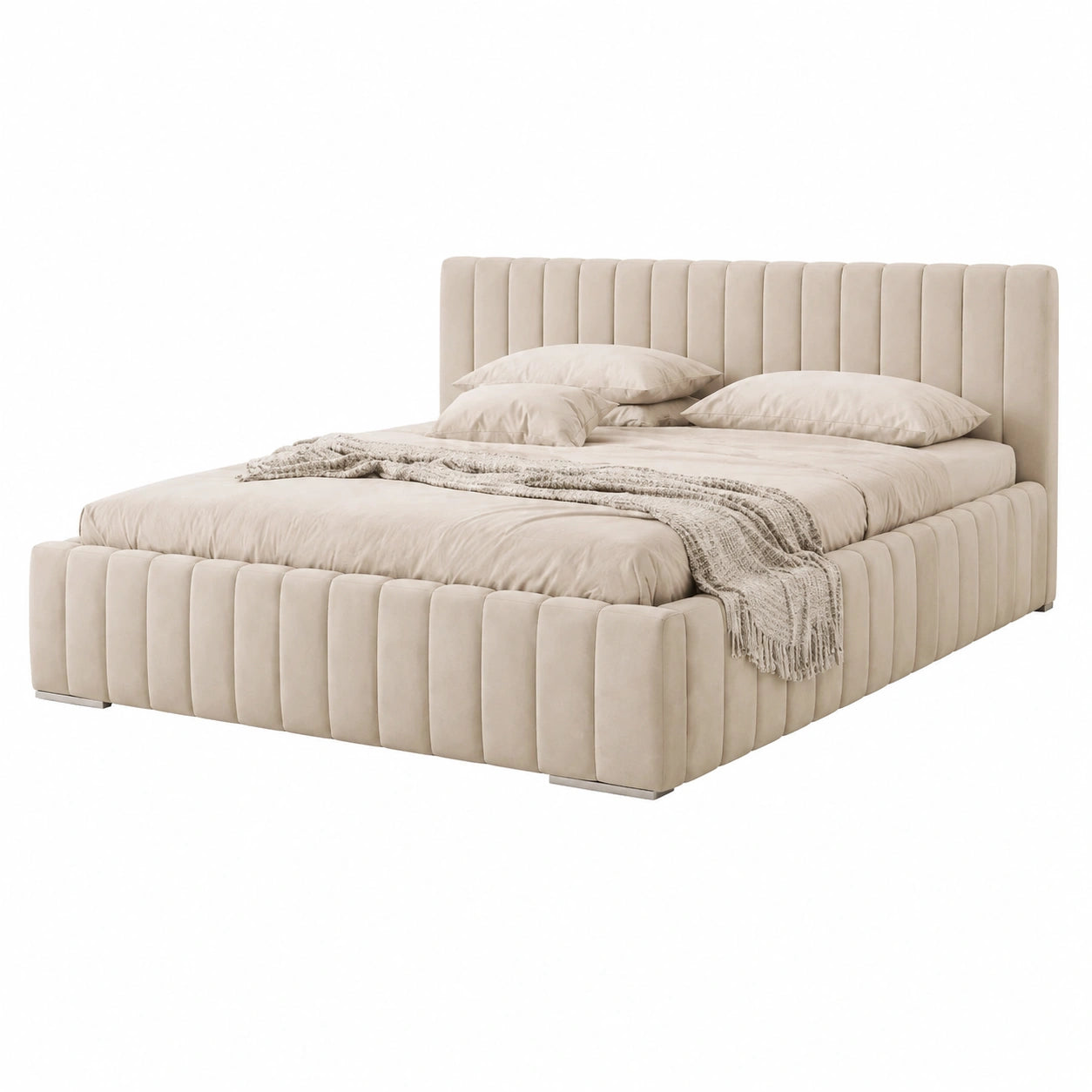 Polsterbett – 180 × 200 cm, gepolstert, mit Bettkasten, aus Stoff, Beige