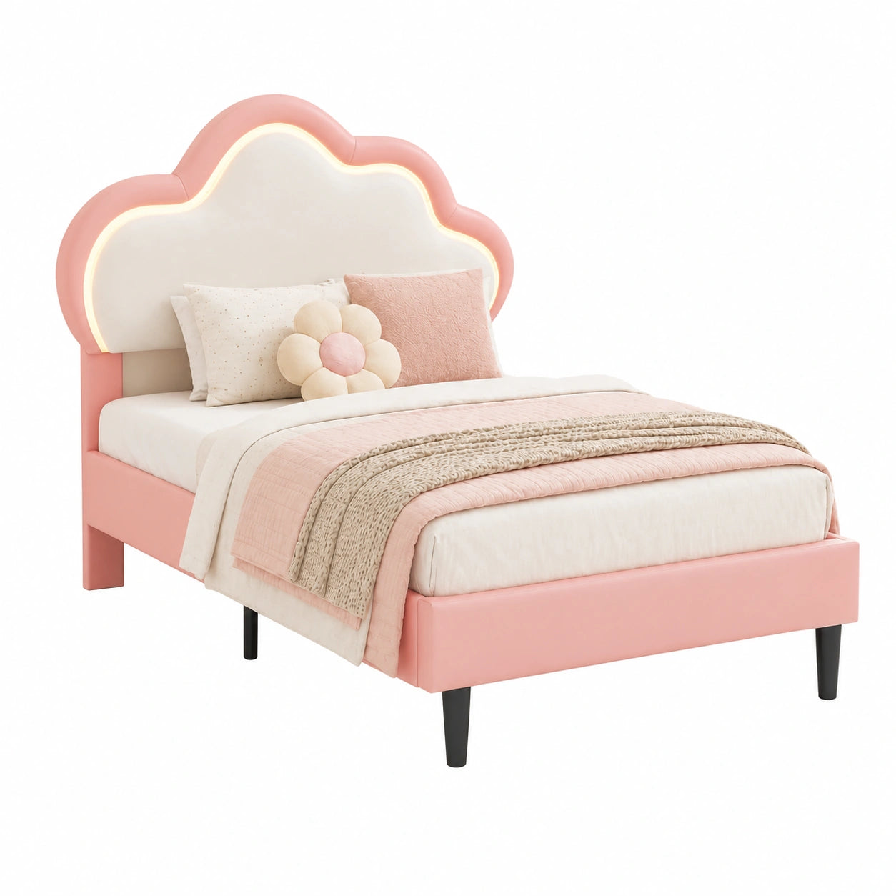 Einzelbett – 90 × 200 cm, gepolstert, mit LED-Beleuchtung, für Kinderzimmer