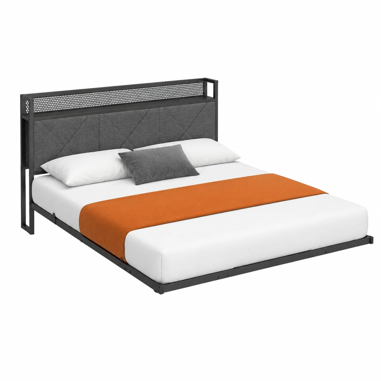 Bett – 140 × 200 cm, gepolstert, mit Stauraum, mit LED-Beleuchtung, aus Metall, Dunkelgrau, für Schlafzimmer