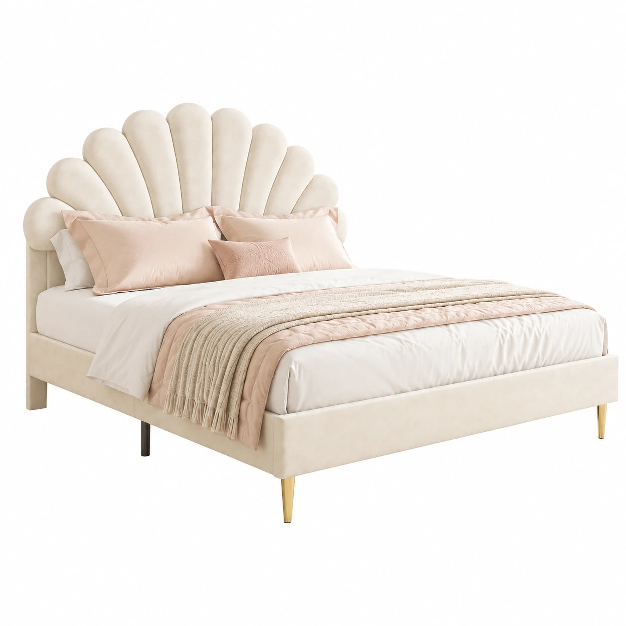 Kinderbett – 140 × 200 cm, gepolstert, mit Lattenrost, aus Samt, Beige