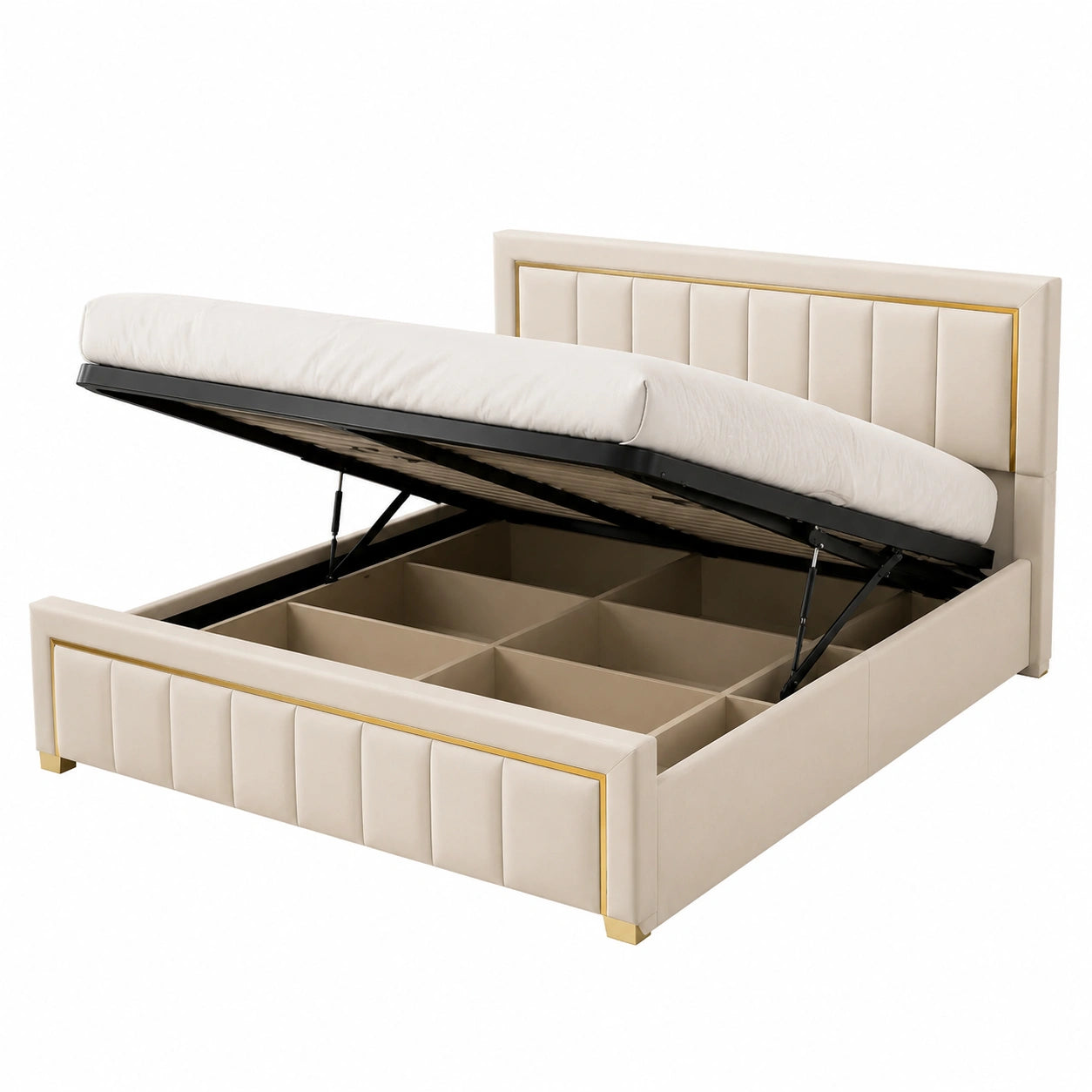Polsterbett – gepolstert, mit Stauraum, mit Bettkasten, mit Lattenrost, aus Samt, Beige