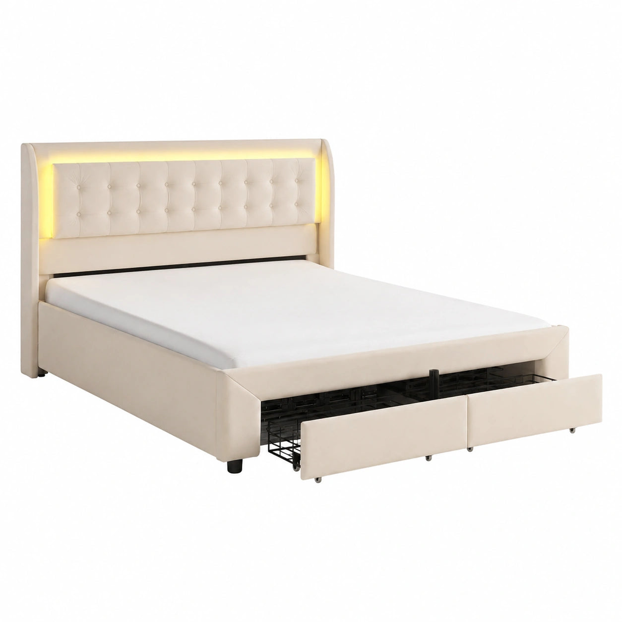 Polsterbett – 180 × 200 cm, gepolstert, mit Stauraum, mit LED-Beleuchtung, mit Schubladen, Beige