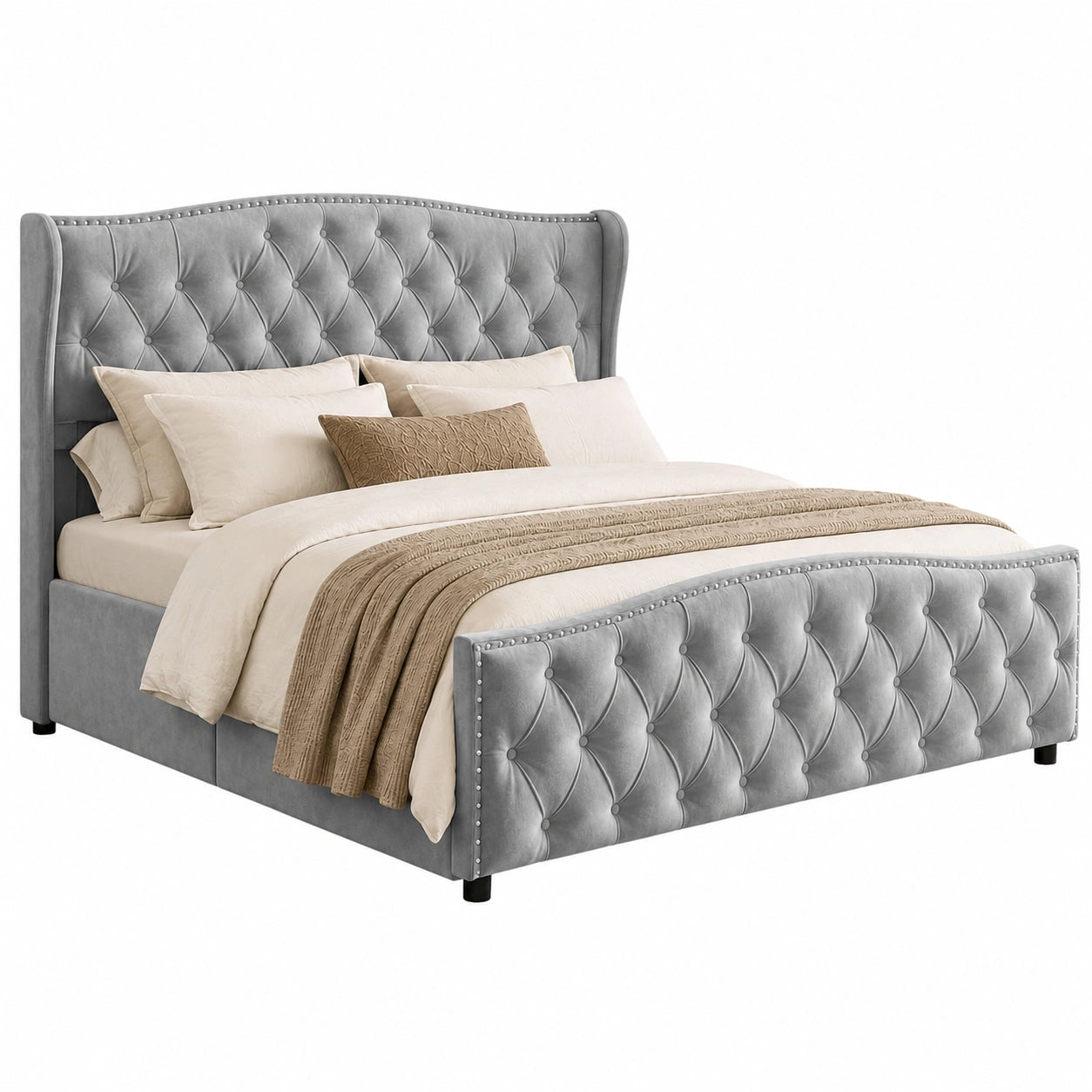 Polsterbett – 140 × 200 cm, gepolstert, mit Stauraum, mit Bettkasten, aus Samt, Grau