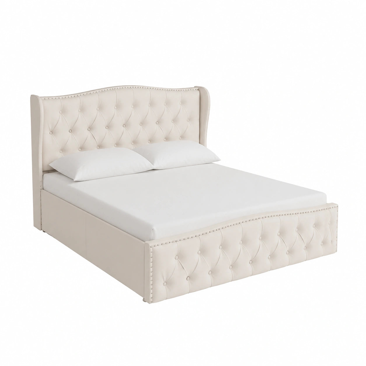 Polsterbett – 140 × 200 cm, gepolstert, mit Stauraum, mit Lattenrost, aus Samt, Beige