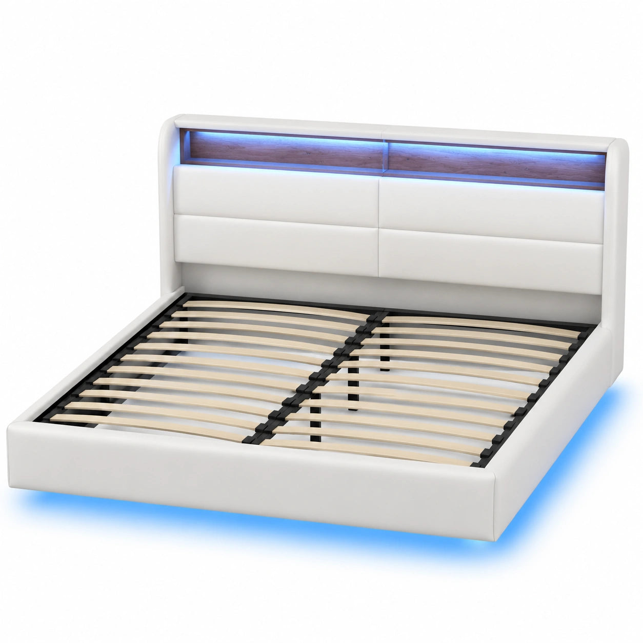 Bettgestell – 180 × 200 cm, moderner Stil, gepolstert, mit Stauraum, mit LED-Beleuchtung, mit Lattenrost, aus Kunstleder