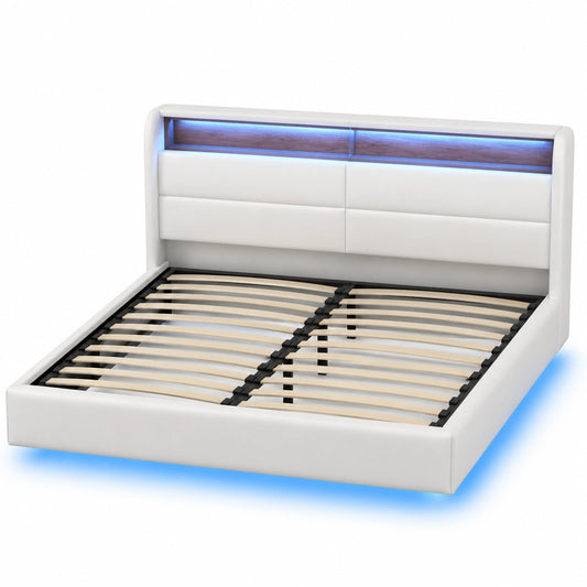 Bettgestell – 180 × 200 cm, moderner Stil, gepolstert, mit Stauraum, mit LED-Beleuchtung, mit Lattenrost, aus Kunstleder