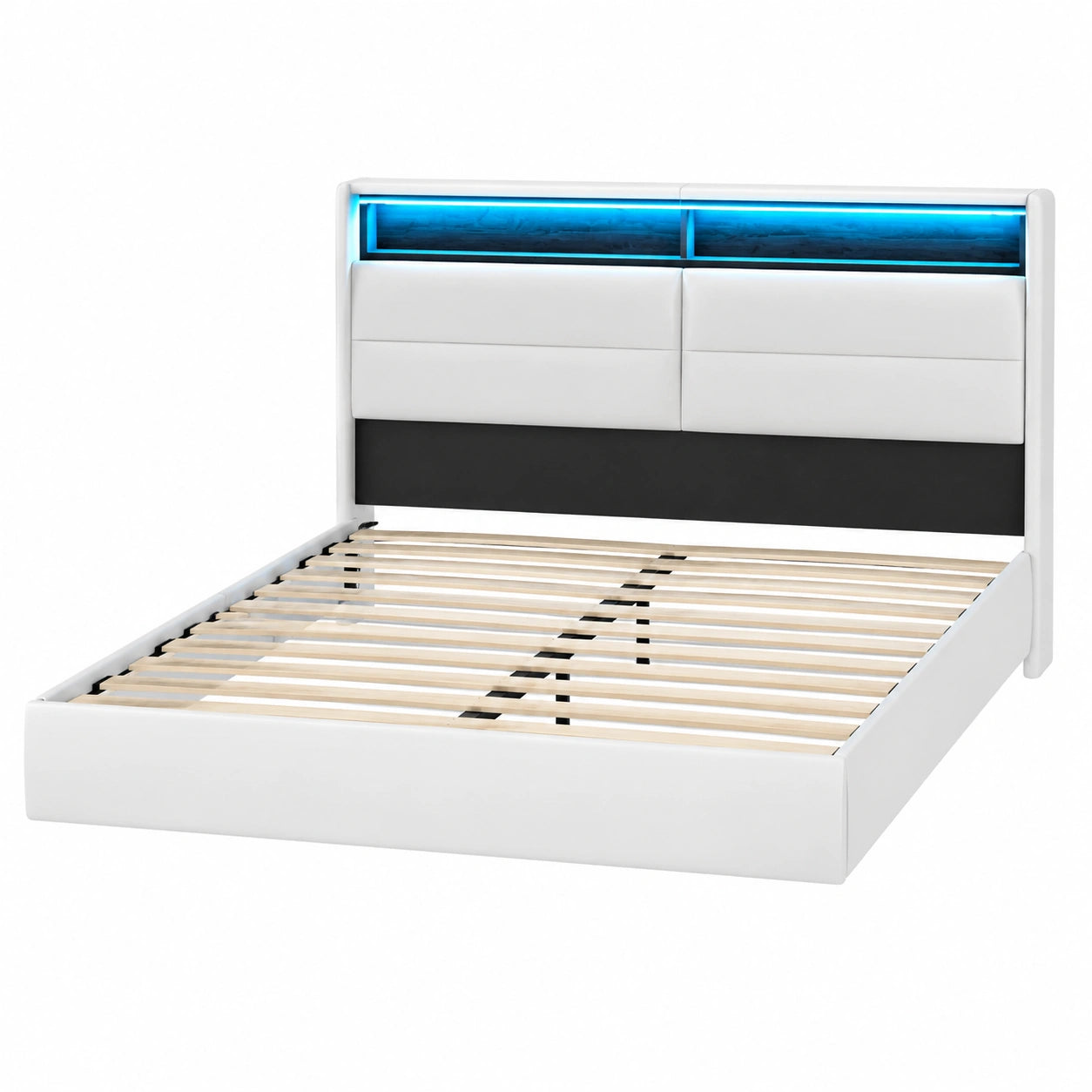 Bettgestell – 140 × 200 cm, moderner Stil, gepolstert, mit Stauraum, mit LED-Beleuchtung, mit Lattenrost, aus Kunstleder