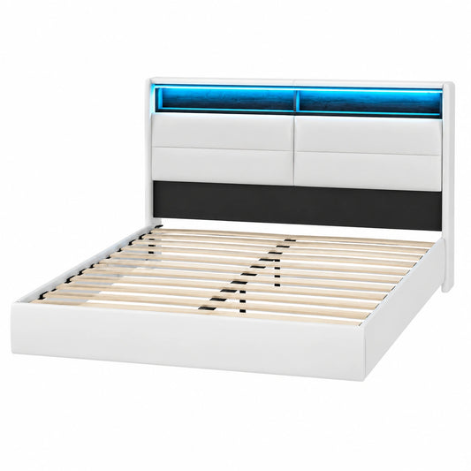 Bettgestell – 140 × 200 cm, moderner Stil, gepolstert, mit Stauraum, mit LED-Beleuchtung, mit Lattenrost, aus Kunstleder