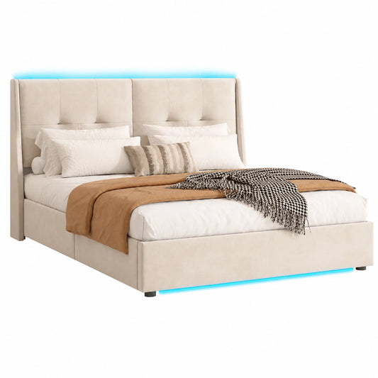 Polsterbett – 160 × 200 cm, moderner Stil, gepolstert, mit Stauraum, mit LED-Beleuchtung, mit Lattenrost, Beige