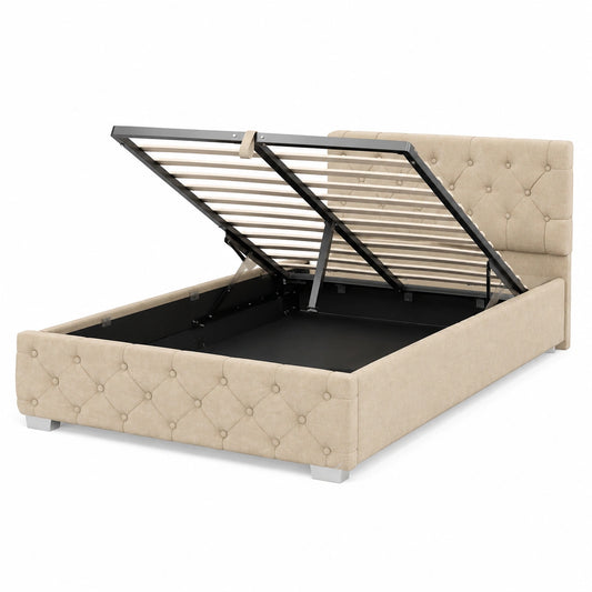 Polsterbett – 120 × 200 cm, gepolstert, mit Stauraum, mit LED-Beleuchtung, mit Lattenrost, aus Samt, Beige