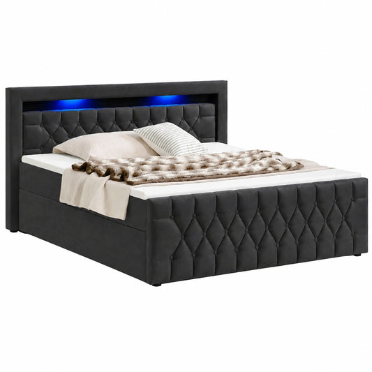 Boxspringbett – 180 × 200 cm, mit LED-Beleuchtung, aus Samt, Schwarz